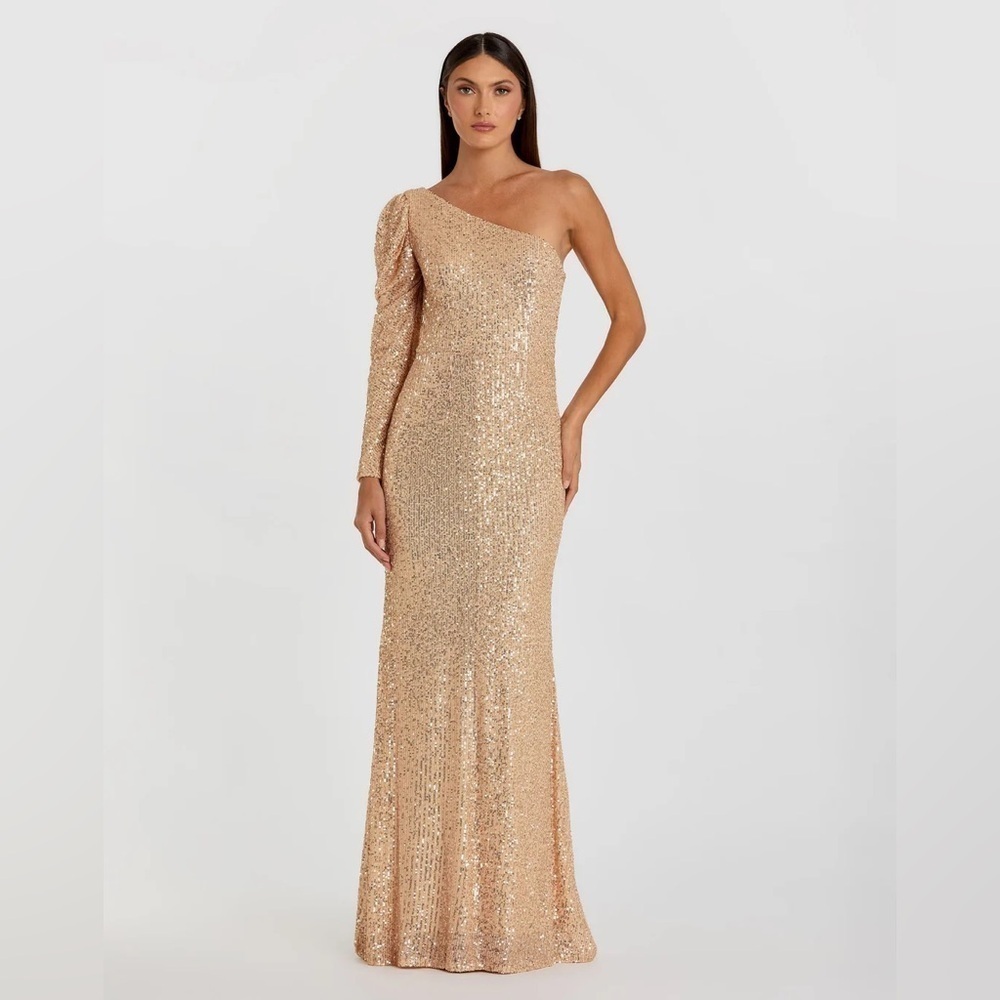 Mac Duggal 26591 NWT SEQUINED ONE SHOULDER TRUMPET GOWN in Rose Gold